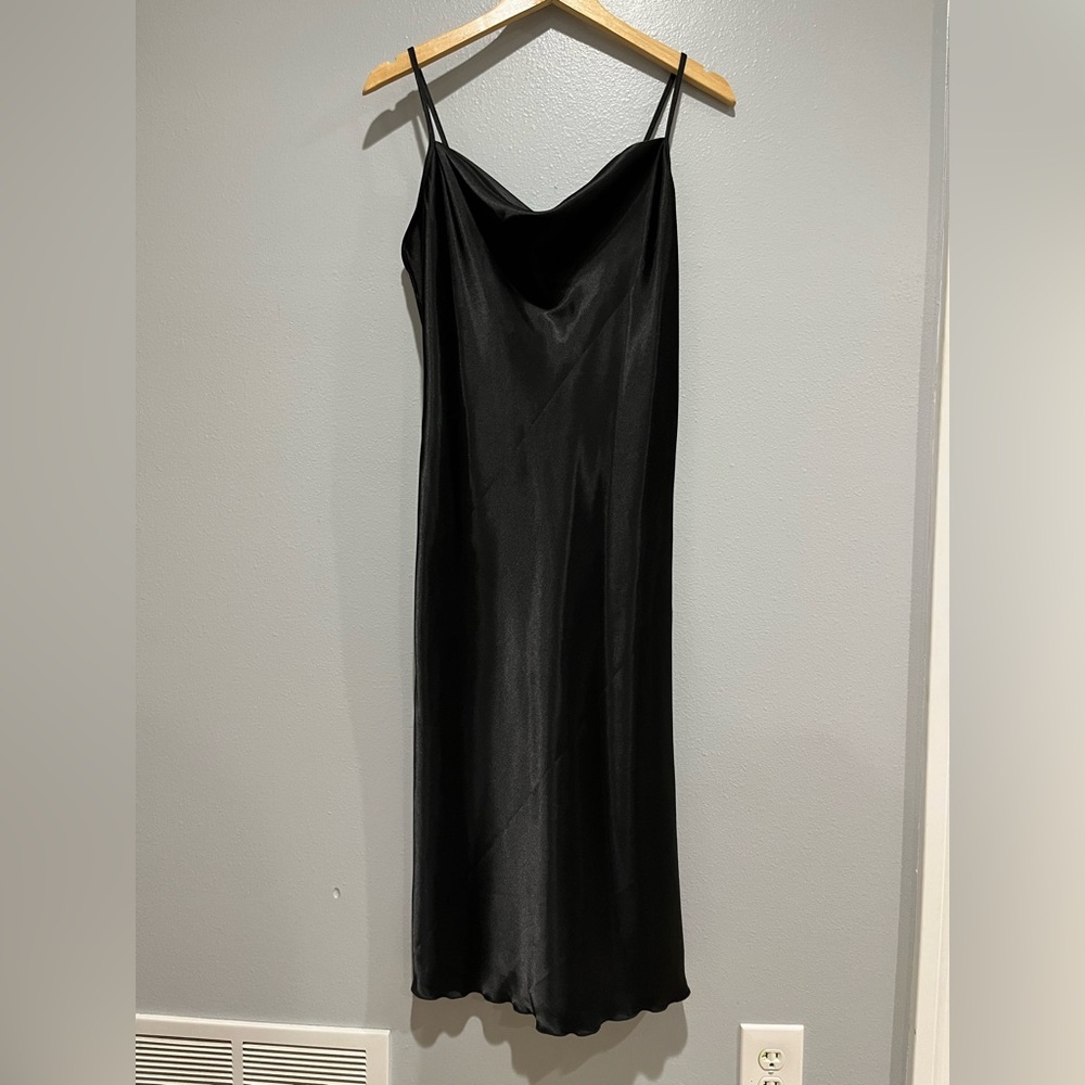 Satin cowl neck black dress midi slip